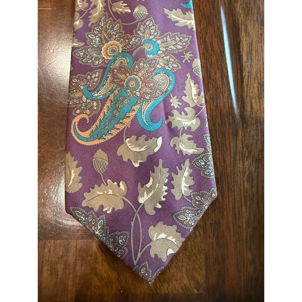 Mallory & Church London Ltd Mens Purple Paisley Oak Leaf Silk Necktie 3.75 Wide